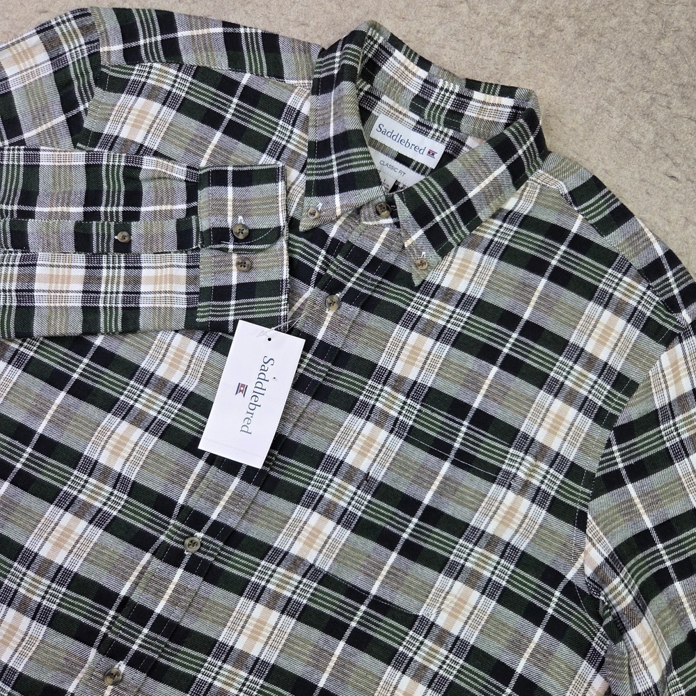 Saddlebred Flannel Shirt Mens L Green Plaid Long Sleeve Button Down Classic NEW